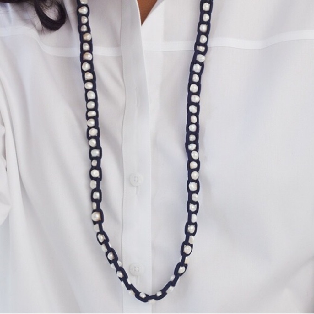 Chicos pearl necklace suede navy Paige long single strandโ